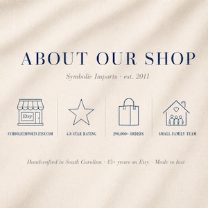 K&ouml;nnte beinhalten: Eine cremefarbene Grafik mit dem Text ABOUT OUR SHOP und Symbolic Imports est. 2011. Sie zeigt vier Symbole: ein Etsy-Gesch&auml;ft, einen Stern, eine Einkaufstasche und ein Haus mit einer Familie, sowie Text zu 4,8-Sterne-Bewertung, 290.000+ Bestellungen und kleinem Familienteam.