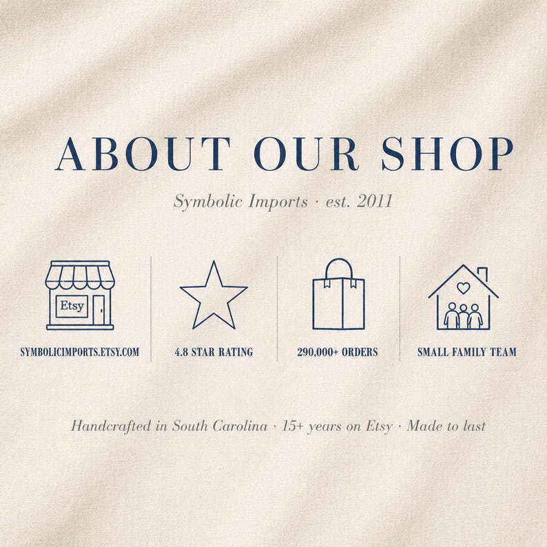 K&ouml;nnte beinhalten: Eine cremefarbene Grafik mit dem Text ABOUT OUR SHOP und Symbolic Imports est. 2011. Sie zeigt vier Symbole: ein Etsy-Gesch&auml;ft, einen Stern, eine Einkaufstasche und ein Haus mit einer Familie, sowie Text zu 4,8-Sterne-Bewertung, 290.000+ Bestellungen und kleinem Familienteam.
