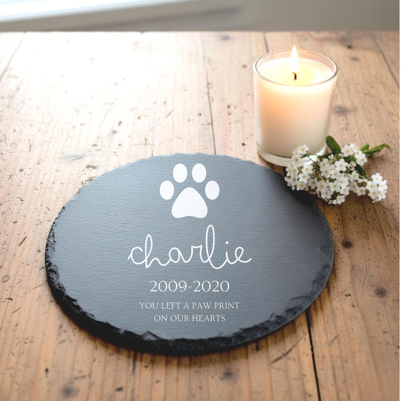 Custom photo-engraved pet memorial stone crafted from natural slate. Add your pet’s photo, name, and dates for a lasting outdoor remembrance gift.