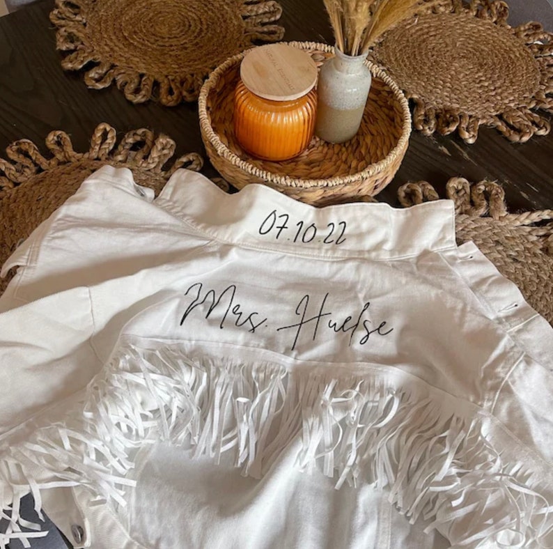 White Fringe Mrs Personalized Denim Jacket, Custom Bride Jean Jacket, Wedding Jacket, Bridal Engagement Gift, Cowgirl Nashville Bachelorette image 9