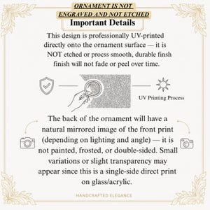 May include: A cream-colored graphic with text explaining the UV printing process on ornaments. The text states the design is UV-printed, not etched, and the back has a mirrored image. The text also mentions the product is single-sided and made of glass/acrylic.