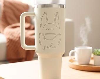 Custom Christmas Gift for Mom – 40oz Dog Ears Tumbler with Handle, Personalized Pet Owner Cup, Engraved Dog Lover Gift