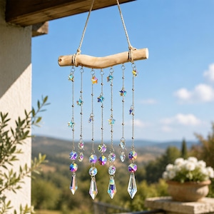 Acchiappasole a forma di stella in cristallo fatto a mano, campanello a vento, decorazione boho con nappe da appendere alla finestra, mobile con bastoncino di legno, regalo acchiappasole