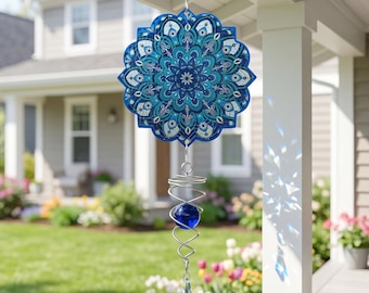 Mandala Wind Spinner for Garden, Calming Outdoor Hanging Decor, Boho Patio Art, Rotating Meditation Yard Gift for Her