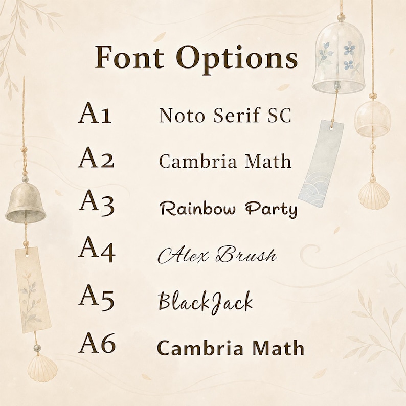 K&ouml;nnte beinhalten: Eine Schriftart-Auswahltabelle mit dem Titel Font Options mit sechs nummerierten Auswahlm&ouml;glichkeiten: A1 Noto Serif SC, A2 Cambria Math, A3 Rainbow Party, A4 Alex Brush, A5 BlackJack und A6 Cambria Math. Der Hintergrund zeigt Illustrationen von Windspielen.