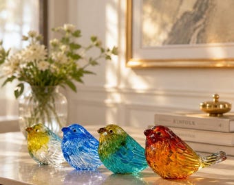 Ornamento de pássaro em vidro, elegante estátua de pássaro para jardim, pátio e varanda, peça decorativa em vidro transparente, presente exclusivo para amantes de pássaros.