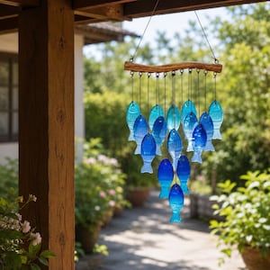 Peut inclure: Carillon décoratif avec des pièces en verre en forme de poisson de différentes nuances de bleu. Les poissons sont suspendus à une branche en bois, créant un accent extérieur attrayant. Le carillon est suspendu à une poutre en bois.