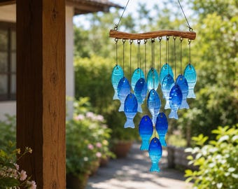 Campana de viento con forma de pez de cristal azul hecha a mano, decoración costera oceánica, atrapasoles de vidrio soplado, regalo colgante para casa de playa o jardín.