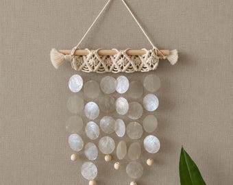 Boho Shell Wind Chime, Macrame Seashell Hanging, Coastal Beach House Decor, Bohemian Wall Mobile, Housewarming Gift