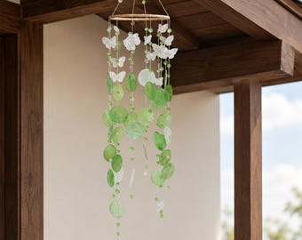 Handgefertigtes Windspiel mit Schmetterlingsmotiv aus Perlmutt, Muschel-Sonnenfänger für Fenster, Boho-Küstenstil, Dekoration für Veranda, Terrasse und Garten, Einzugsgeschenk