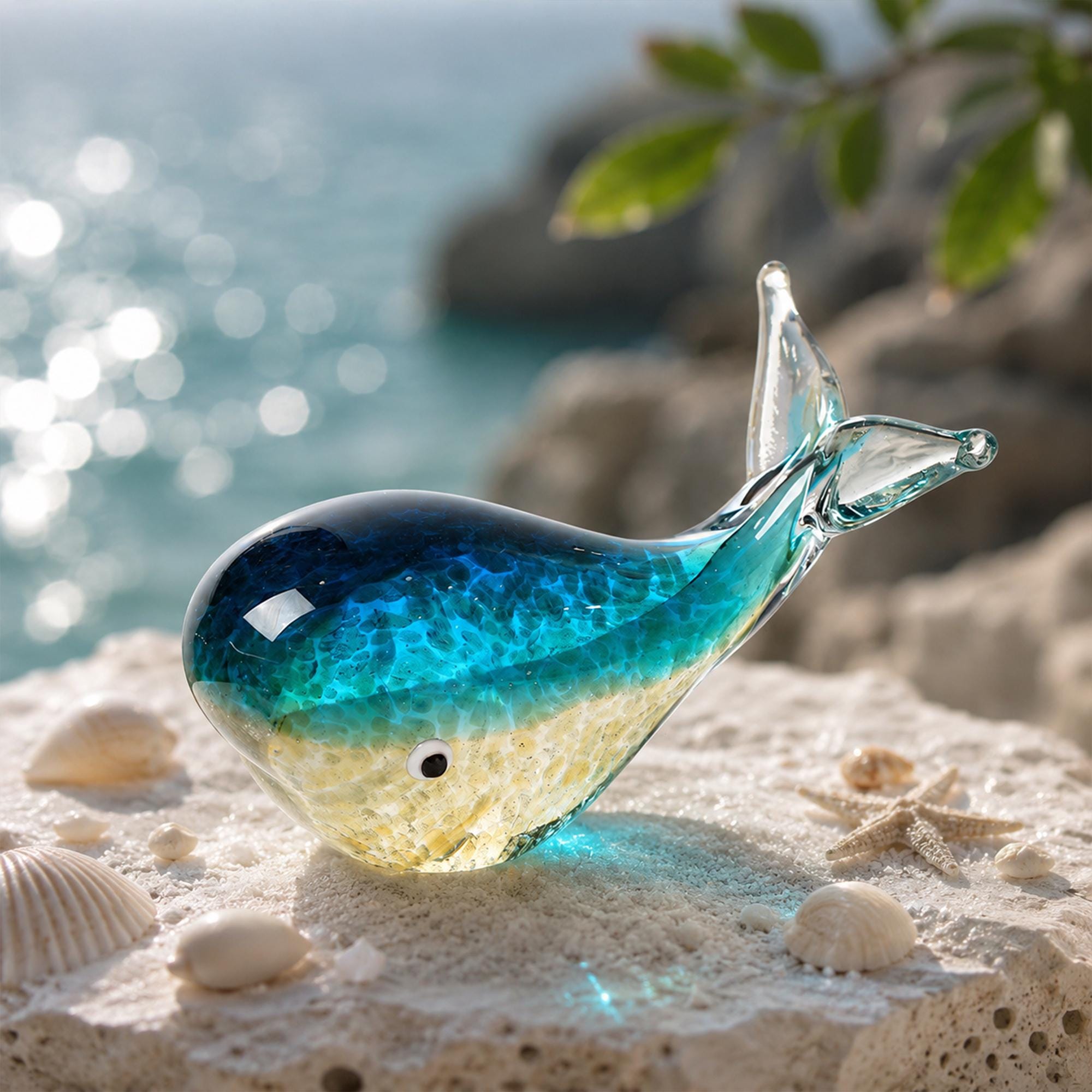 Handmade Glass Whale Figurine, Blue Ocean Desk Decor, Coastal Nautical Mini Sculpture, Sea Animal Gift for Ocean Lover, Home Shelf Decor product image