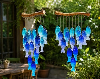 Blauer Glasfisch-Windspiel für Garten, Küstenstrand-Hausdekor, handgemachter Ozean-Sonnenfänger, entspannendes Geschenk