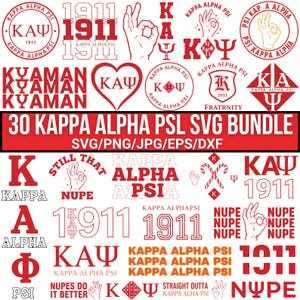May include: A collection of red and white Kappa Alpha Psi fraternity graphics. Includes various logos, the Greek letters ΚΑΨ, the number 1911, and the text "30 KAPPA ALPHA PSL SVG BUNDLE". Formatted in SVG, PNG, JPG, EPS, and DXF.