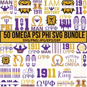 May include: A collection of Omega Psi Phi graphics in purple and gold, including bulldog logos, the year 1911, and the Greek letters ΩΨΦ. The design includes text that reads "50 Omega Psi Phi SVG Bundle."