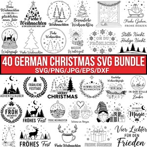 Può includere: Una raccolta di 40 design SVG natalizi tedeschi in bianco e nero. Il pacchetto include varie illustrazioni festive come alberi di Natale, renne, ornamenti e frasi di festa. Il testo "40 GERMAN CHRISTMAS SVG BUNDLE" è visualizzato in rosso.