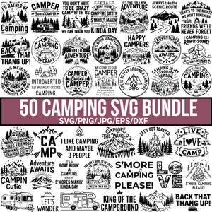 Könnte beinhalten: Eine digitale Sammlung von 50 schwarz-weißen Grafikdesigns zum Thema Camping mit Illustrationen von Bergen, Wäldern, Zelten und Wohnmobilen, begleitet von verschiedenen Sprüchen wie "Happy Campers" und "Adventure Awaits."