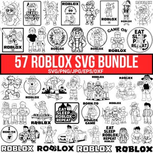 Op de afbeelding: Een zwart-wit SVG-bundel met 57 Roblox-ontwerpen. De collectie bevat verschillende personages, logo's en zinnen zoals "Eat Sleep Roblox Repeat" en "Game On". De ontwerpen zijn geschikt voor SVG-, PNG-, JPG-, EPS- en DXF-formaten.