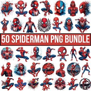 May include: A collection of 50 Spider-Man PNG images in various poses and styles. The images feature the iconic red and blue suit, with some designs showcasing a split face or artistic effects. The text "50 SPIDERMAN PNG BUNDLE" is displayed in a red rectangle.