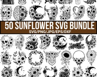 Sunflower SVG Bundle, Floral Cut Files, Floral Skull SVG, Floral Svg, Western Cow Skull, Sunflowers Clipart, Png Jpg Eps Dxf Files, Cricut