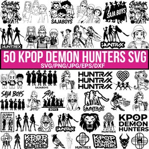 Pacchetto SVG Kpop Demon Hunter, Saja Boy SVG, Huntrix SVG, SVG Kpop ispirato ai cacciatori di demoni, Gatto e uccello Png, Gruppo Kpop, Anime SVG per Cricut