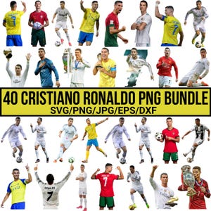 May include: A digital graphic bundle featuring 40 images of Cristiano Ronaldo in various poses and uniforms. The images include Ronaldo in action, holding trophies, and wearing different team jerseys. The text "40 Cristiano Ronaldo PNG Bundle" is displayed.