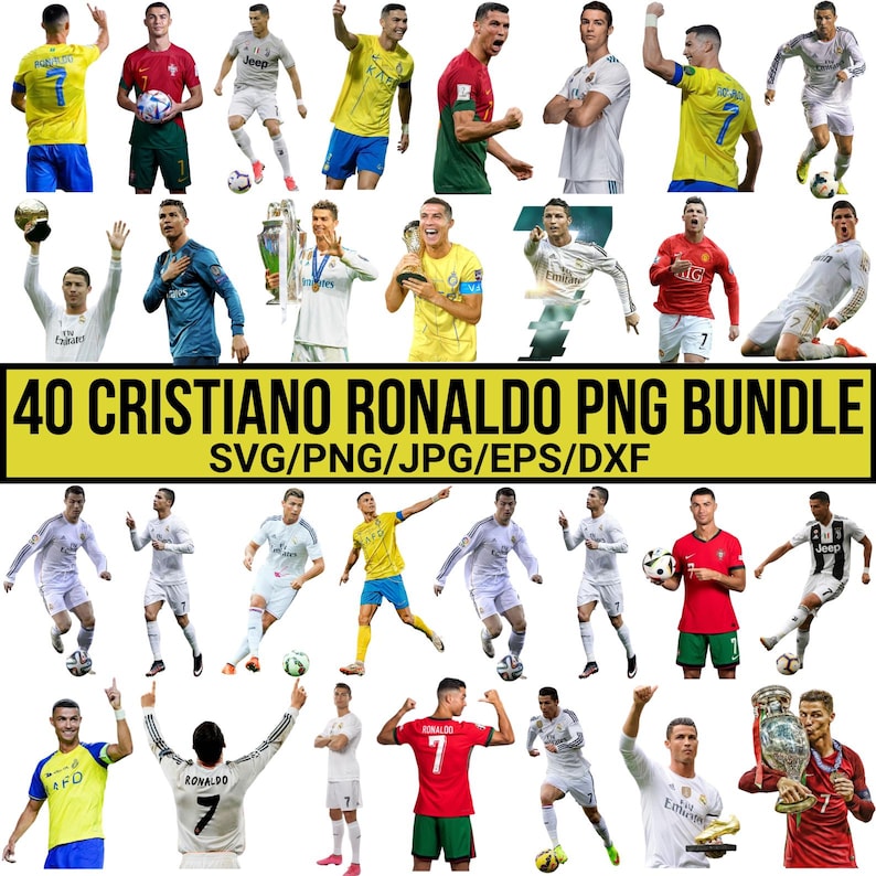May include: A digital graphic bundle featuring 40 images of Cristiano Ronaldo in various poses and uniforms. The images include Ronaldo in action, holding trophies, and wearing different team jerseys. The text "40 Cristiano Ronaldo PNG Bundle" is displayed.