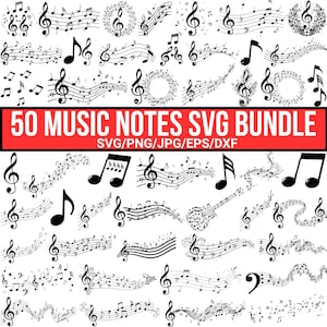 May include: A collection of 50 black musical notes and symbols in various styles. The image includes treble clefs, quarter notes, and musical staffs. Text on a red banner reads "50 MUSIC NOTES SVG BUNDLE".