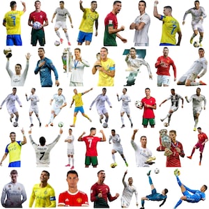 May include: A collage of images featuring a soccer player in various poses and uniforms. The images showcase the player in action, holding trophies, and celebrating goals. The uniforms include different team colors and designs.
