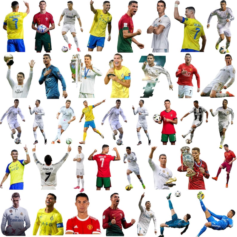 May include: A collage of images featuring a soccer player in various poses and uniforms. The images showcase the player in action, holding trophies, and celebrating goals. The uniforms include different team colors and designs.