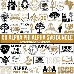 Può includere: Una collezione di 50 design SVG Alpha Phi Alpha in nero e oro. I design includono loghi, simboli ed elementi testuali come "1906" e "Alpha Phi Alpha". Il pacchetto è disponibile nei formati SVG, PNG, JPG, EPS e DXF.