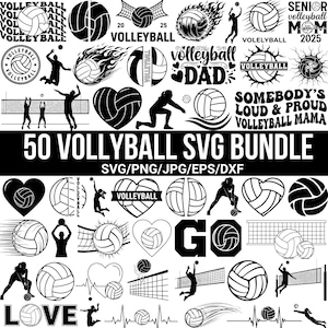 Könnte beinhalten: Eine Sammlung von Volleyball-Designs im SVG-Format in Schwarz und Weiß. Die Designs umfassen Volleybälle, Spieler, Netze und Textelemente wie "Volleyball Dad" und "Somebody's Loud & Proud Volleyball Mama".