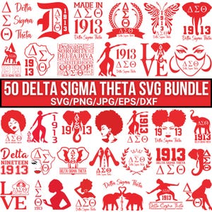 May include: A collection of 50 red Delta Sigma Theta SVG graphics. The designs include sorority symbols, the year 1913, silhouettes of women, elephants, and the words "LOVE" and "SISTERHOOD". Formats include SVG, PNG, JPG, EPS, and DXF.
