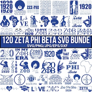 Puede incluir: Una colección de 120 diseños SVG de Zeta Phi Beta en azul y blanco. Los diseños incluyen varios logotipos, símbolos y elementos de texto relacionados con la hermandad, como "1920", "Zeta Phi Beta" y "ZΦB".