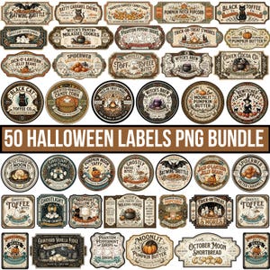 May include: A collection of 50 Halloween-themed labels featuring vintage-style illustrations of ghosts, black cats, pumpkins, and bats. The labels include text such as Batwing Brittle, Pumpkin Patch Popcorn, and Witch's Brew, presented in various shapes.