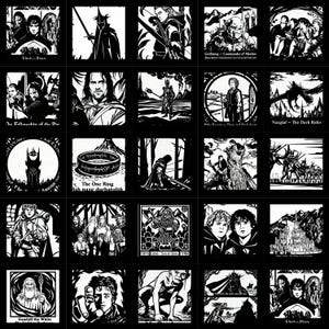 Peut inclure: Une collection d'illustrations en noir et blanc représentant des personnages et des scènes du Seigneur des Anneaux. Les images incluent des représentations de Sauron, de l'Anneau Unique, de Gandalf et d'autres personnages.