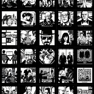 Könnte beinhalten: Eine Ansammlung von schwarz-weißen grafischen Illustrationen mit Charakteren und Szenen aus den Fernsehserien "Breaking Bad" und "Better Call Saul". Die Bilder zeigen Porträts und ikonische Momente der Show.