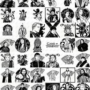 Puede incluir: Una colección de ilustraciones gráficas en blanco y negro con personajes y símbolos de la serie "Juego de Tronos". Incluye retratos, escudos y el logotipo de la serie, para los fans del drama.