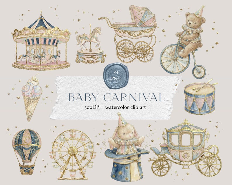 24 Baby Carnival Clipart PNG, Watercolor Circus Graphics, Commercial ...