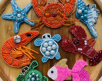 Cute Beaded Ocean Patch Set - Pearl & Sequin Sea Animals Applique for bags or Beach outfits