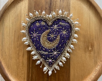 Purple Moon & Star Sacred Heart Patch - Hand Beaded Pearl Embroidered Celestial Heart Applique