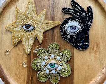Handmade Mystical Eye Appliqué - Beaded Evil Eye Patch - Embroidered Star, Velvet Hand Gesture & Floral Ornament