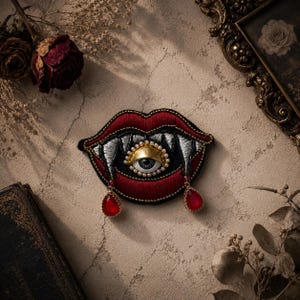Vampire Lips Evil Eye Patch | Gothic Fang Embroidered Applique with Beads & Red Crystal Drops | Halloween Jacket Patch