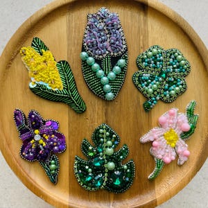 Botanical Flower Patch | Handmade Beaded Floral Applique | Pearl & Sequin Embroidered Patch for Jackets, Bags or Hats