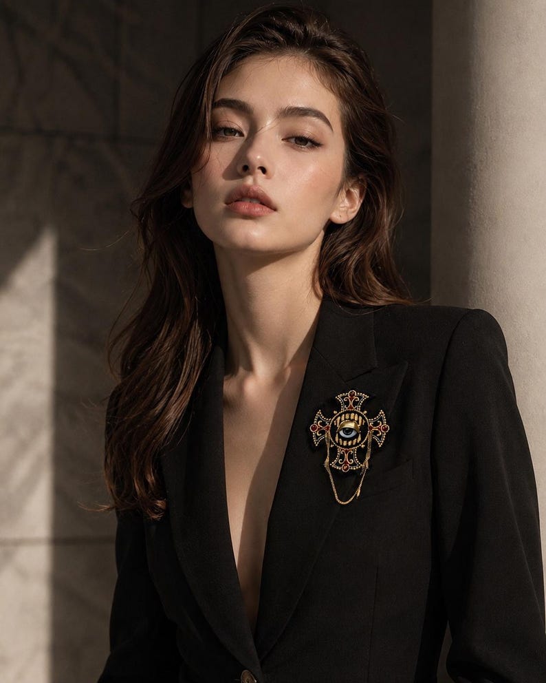 May include: A gold-toned brooch shaped like an ornate cross featuring a central blue eye motif, intricate filigree detailing, small red accents, and a delicate hanging chain, pinned to the lapel of a structured black blazer.