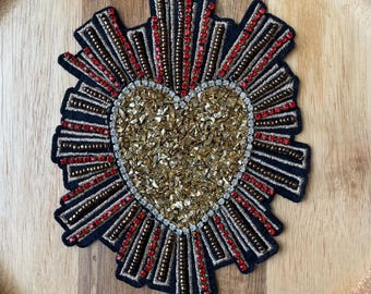 Gold Sacred Heart Perlen Patch - Strass strahlende Applikation für Jacke