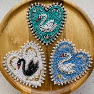 Swan Heart Patch |Handmade Beaded Swan Embroidered Applique with Pearls & Crystals |Romantic Jacket Patch for Bags or Bridal DIY