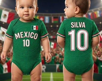 Personalized Mexico Baby Bodysuit - Custom  Baby Onesie - Mexico Team Baby Clothes - Custom Name & Number Baby Gift