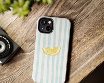 Yellow Lemon Phone Case iPhone Samsung – Fresh Minimal Citrus Pattern, Cute Fruits,  Italian Summer Print in Blue