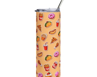 Fast Food Tumbler 20oz Skinny Insulated Cup | Junk Food Pattern Travel Mug | Pizza Fries Soda Gift for Foodie