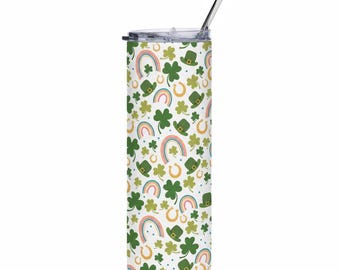 St Patrick’s Day Skinny Tumbler with Straw, Lucky Clover Rainbow Stainless Steel Cup, Shamrock Leprechaun Irish Gift
